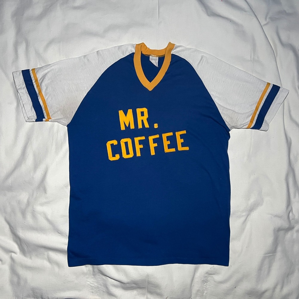 VTG Mr Coffee Raglan T-Shirt Jersey XL Rice 45 Sport-T Stedman Blu 80s VNeck USA - Picture 2 of 7